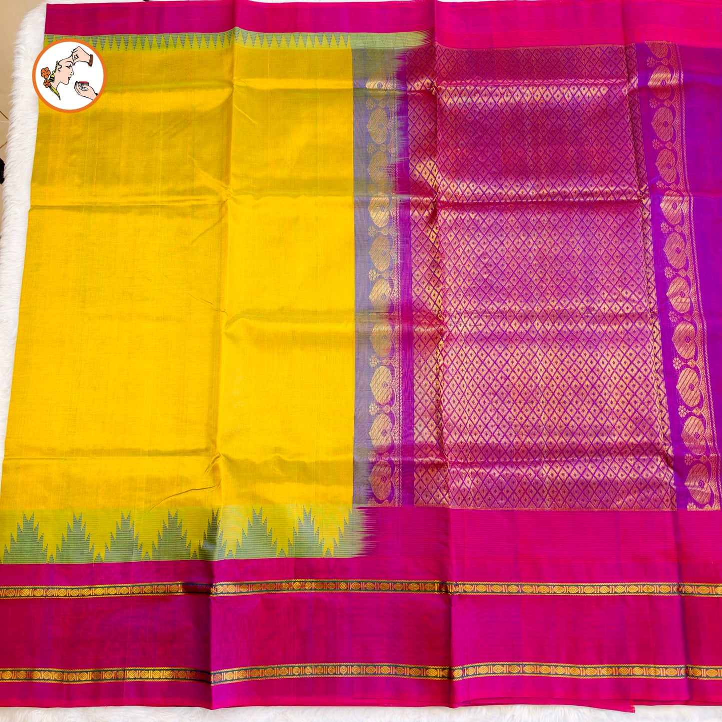 Mehendi Green Traditional Pure Silk Cotton Saree with Purple temple border