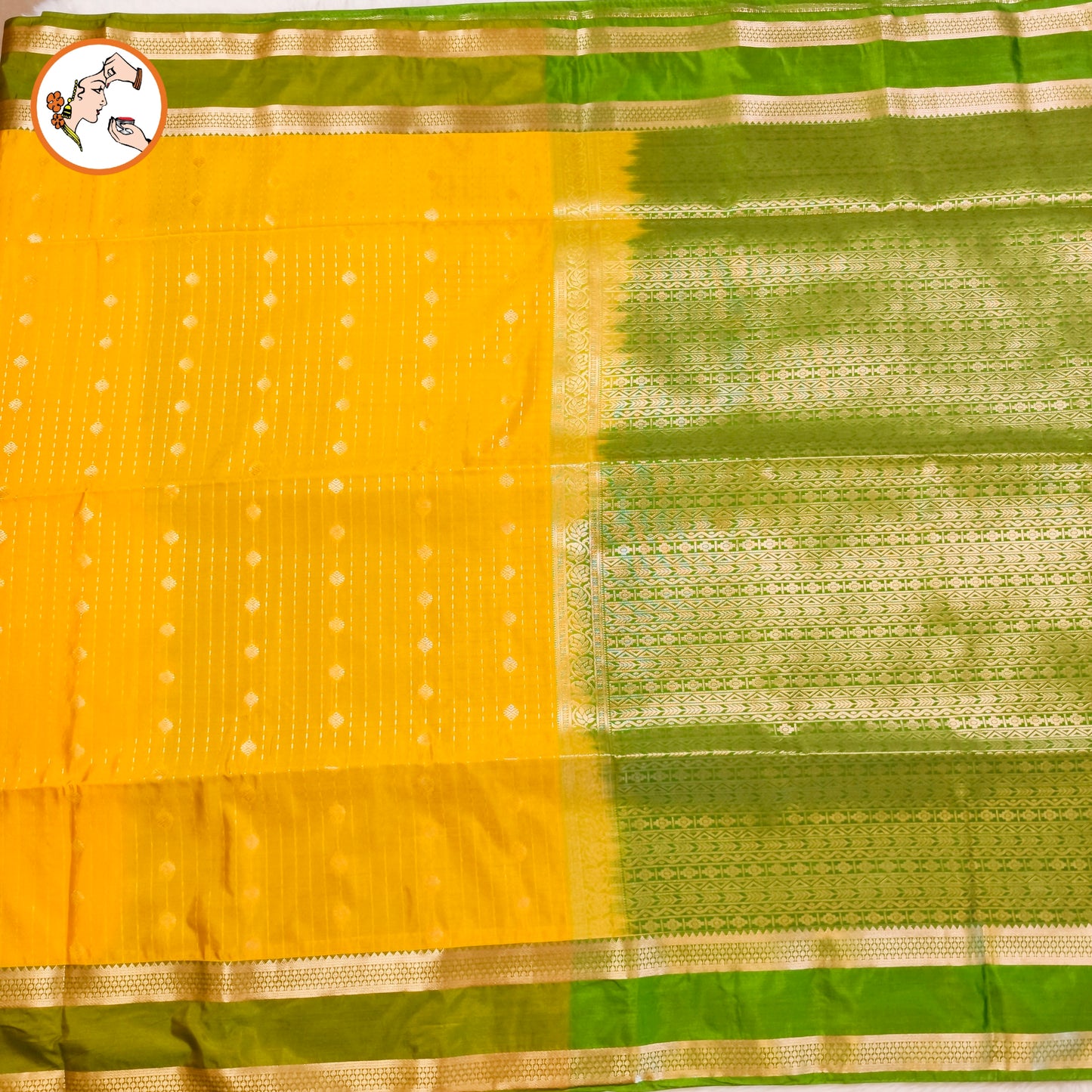 Yellow with Parrot Green Raindrop design Retta Petta border Semi Soft Silk Saree