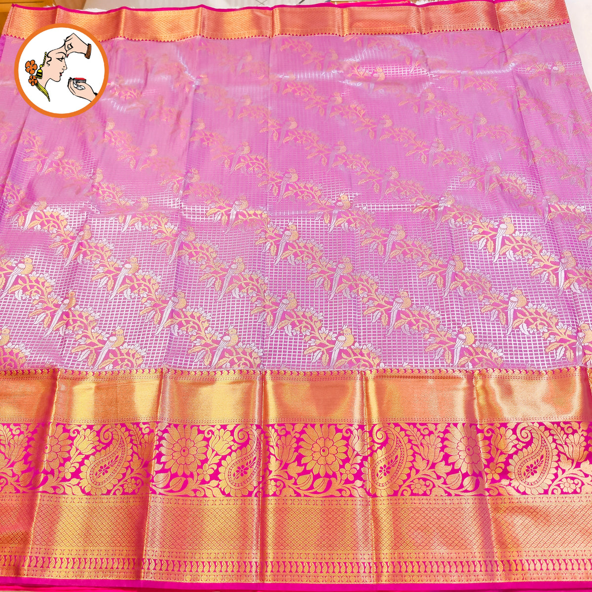 Lavender with Pink Purple border Podi Kattam Parrot butta Kanchipuram Mix Silk Saree