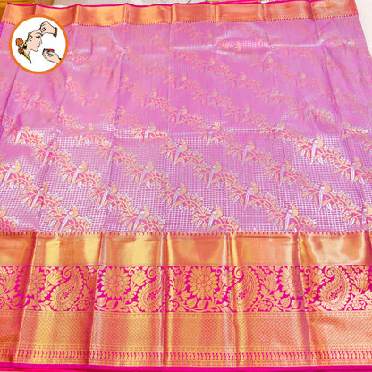 Lavender with Pink Purple border Podi Kattam Parrot butta Kanchipuram Mix Silk Saree
