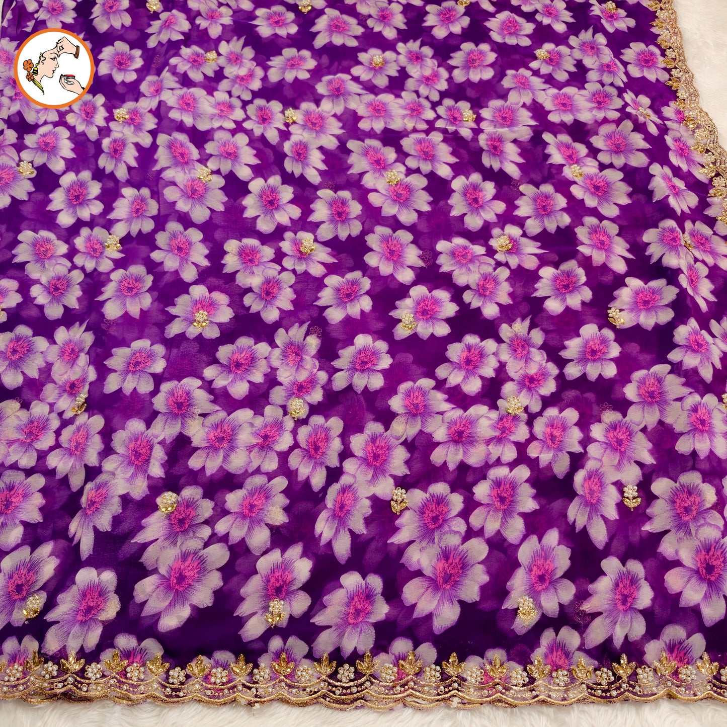 Purple Floral Georgette Saree with cut work border & contrast blouse