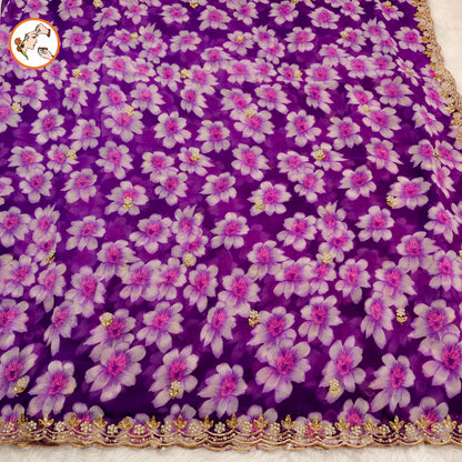 Purple Floral Georgette Saree with cut work border & contrast blouse