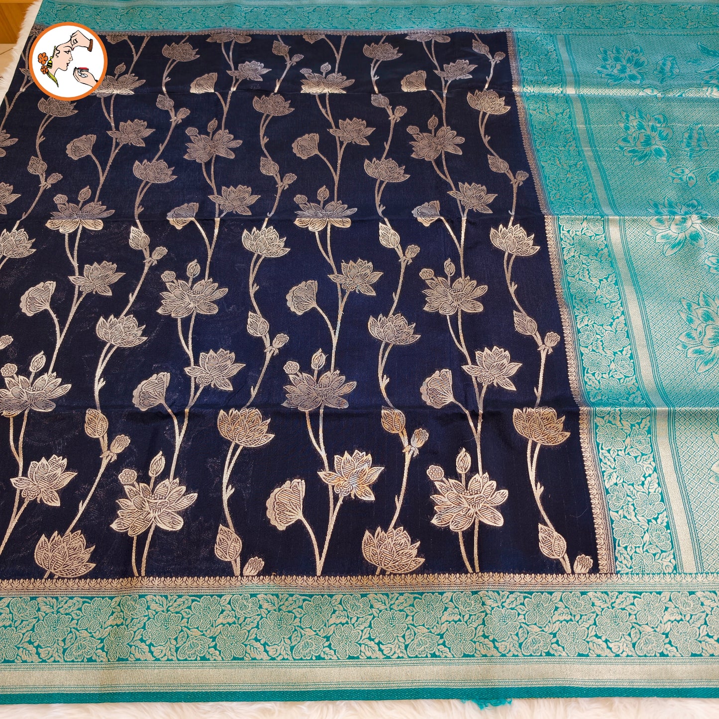 Dark Blue with Sky Blue border Jaal design Banarasi Silk Saree (Light weight)