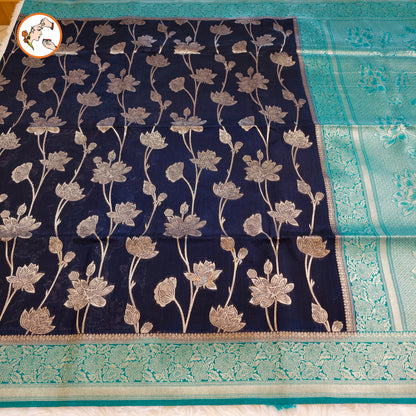 Dark Blue with Sky Blue border Jaal design Banarasi Silk Saree (Light weight)