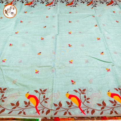 Blue sparrow theme Cotton Casual Saree