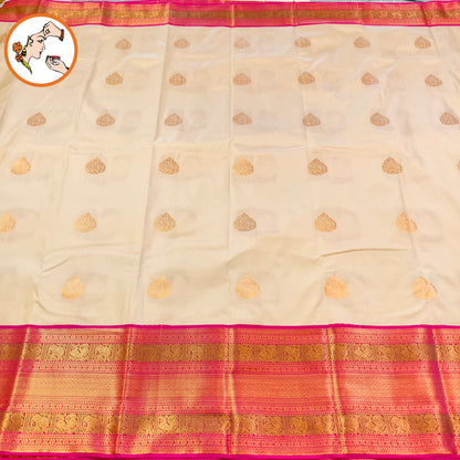 Off white with Dark Pink border Kanchipuram Semi Silk Saree