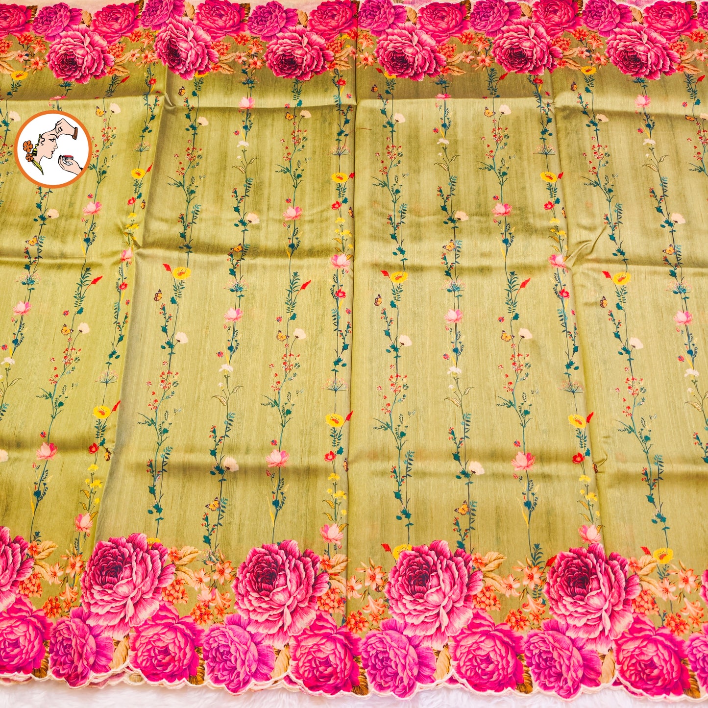 Parrot Green colour Floral theme Raw Silk Designer Saree with cutwork border