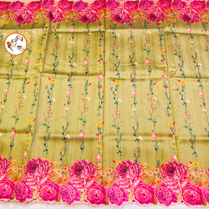 Parrot Green colour Floral theme Raw Silk Designer Saree with cutwork border