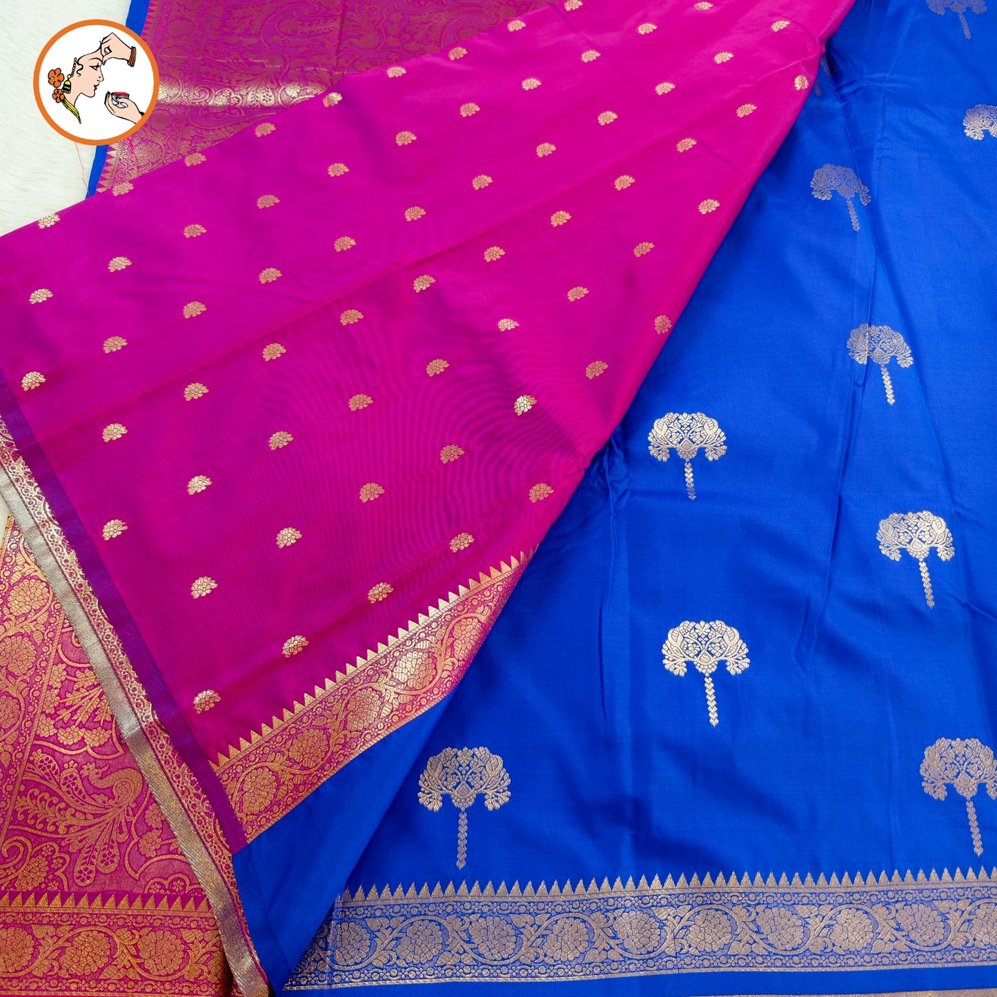 Royal Blue colour small border Soft Silk Saree with contrast blouse