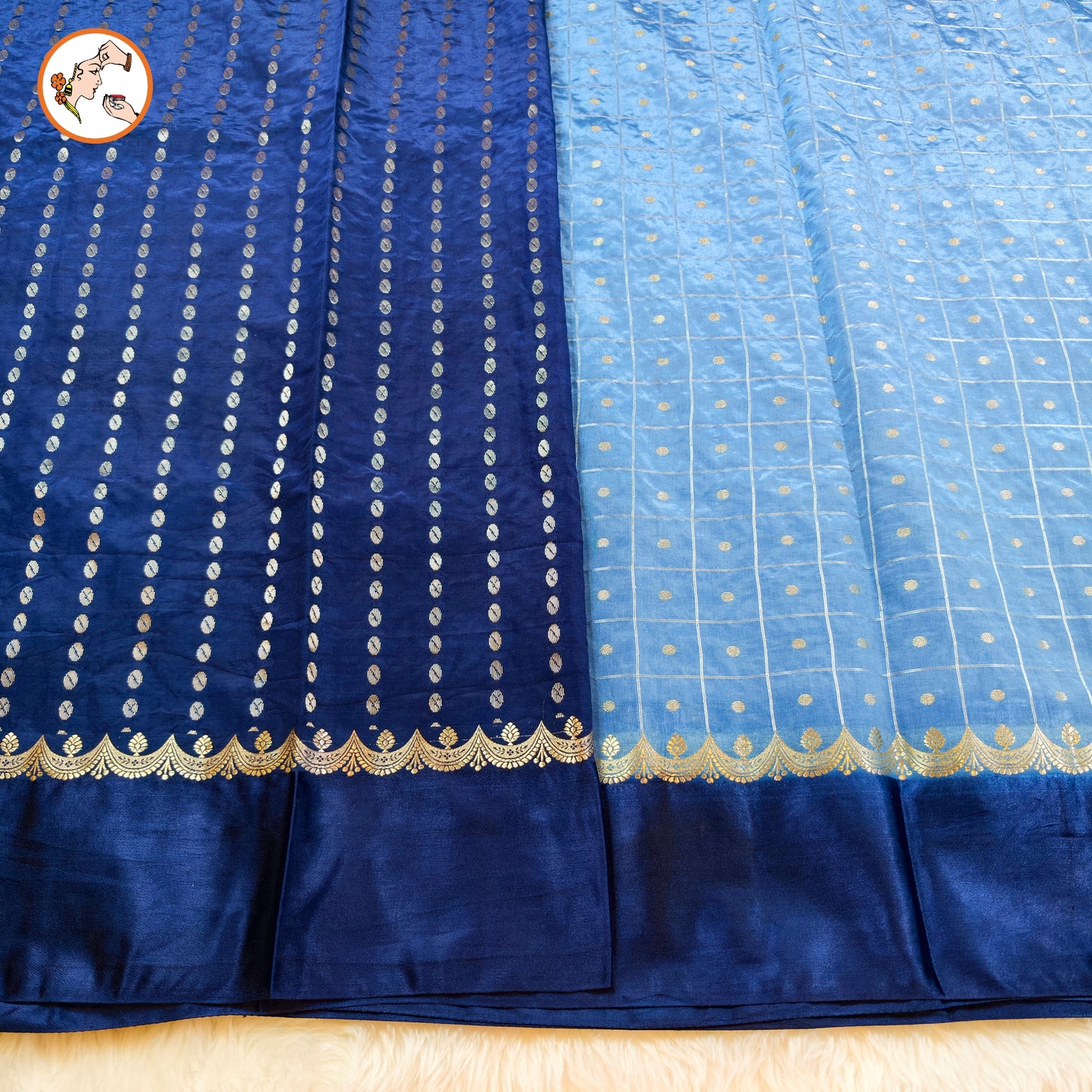 Denim Blue Traditional checks Fancy Silk Saree with Ink Blue Satin border