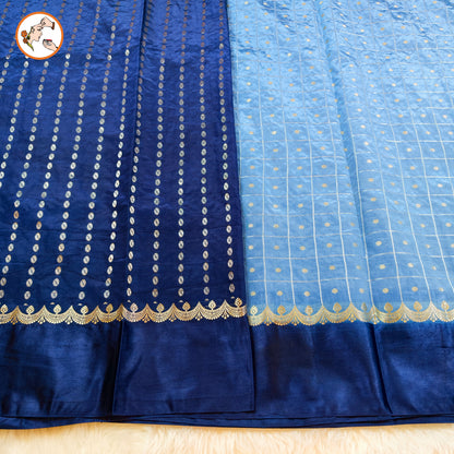 Denim Blue Traditional checks Fancy Silk Saree with Ink Blue Satin border