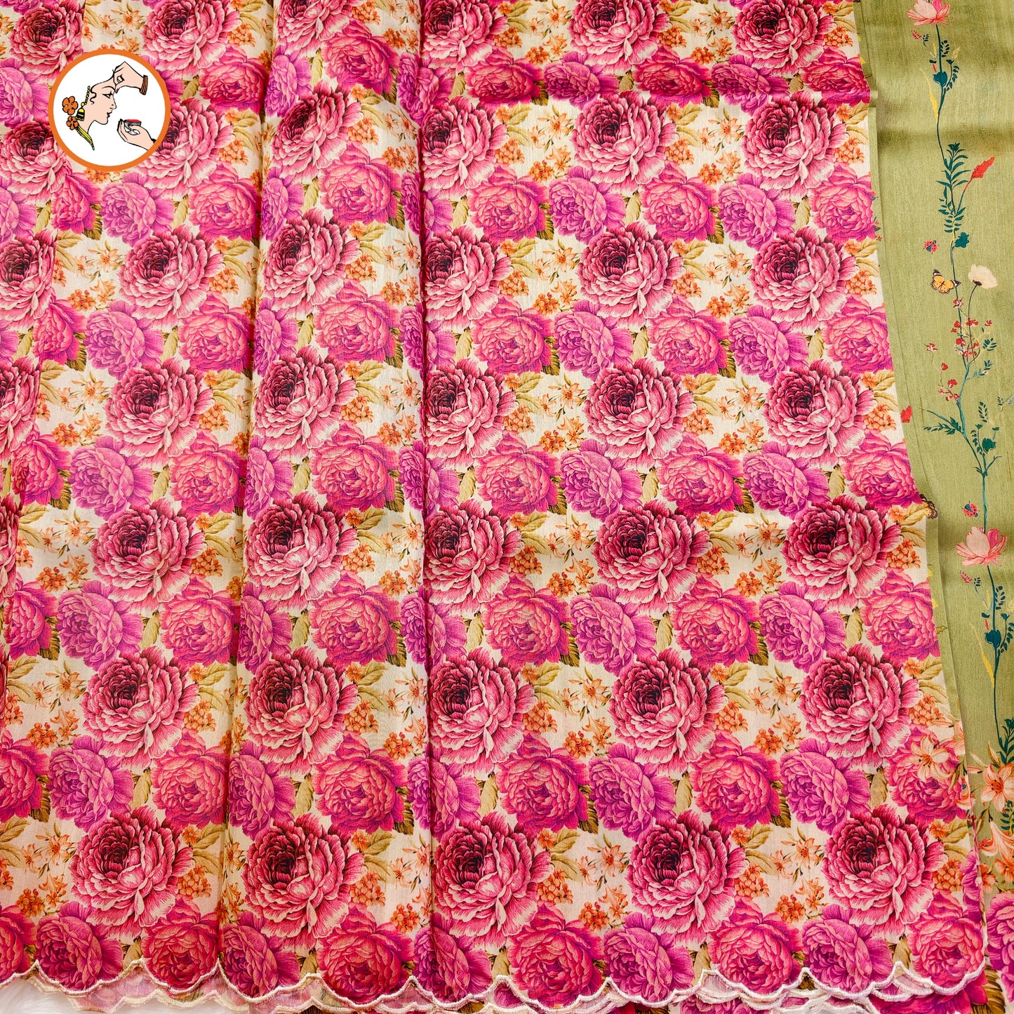 Parrot Green colour Floral theme Raw Silk Designer Saree with cutwork border