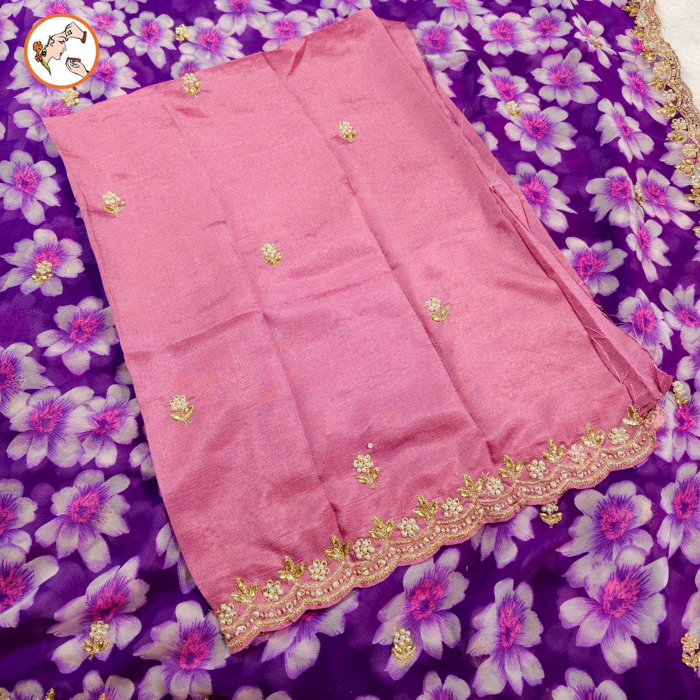 Purple Floral Georgette Saree with cut work border & contrast blouse