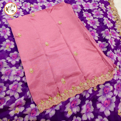 Purple Floral Georgette Saree with cut work border & contrast blouse