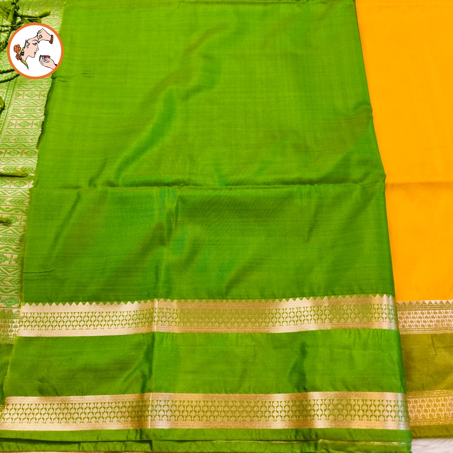 Yellow with Parrot Green Raindrop design Retta Petta border Semi Soft Silk Saree