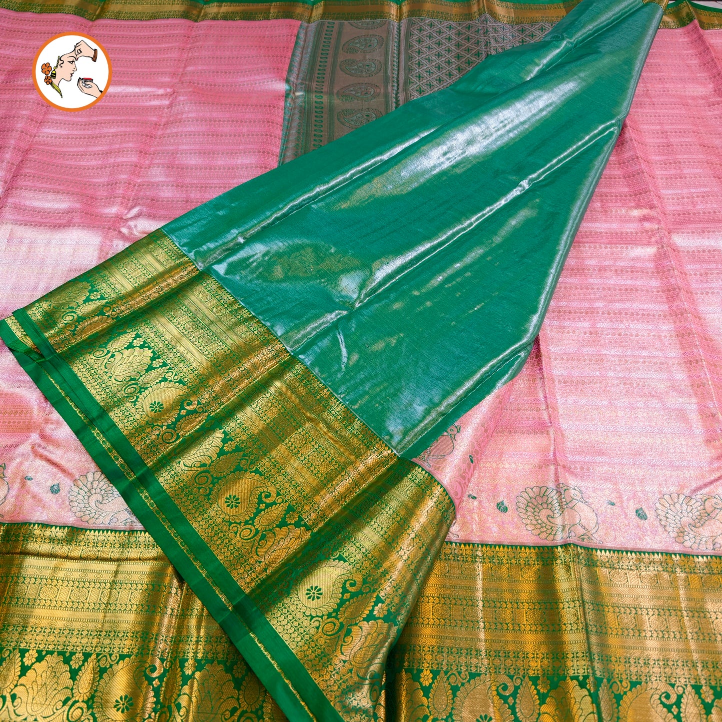 Soft Lotus Pink with Green border Kanchipuram Tissue Silk Saree