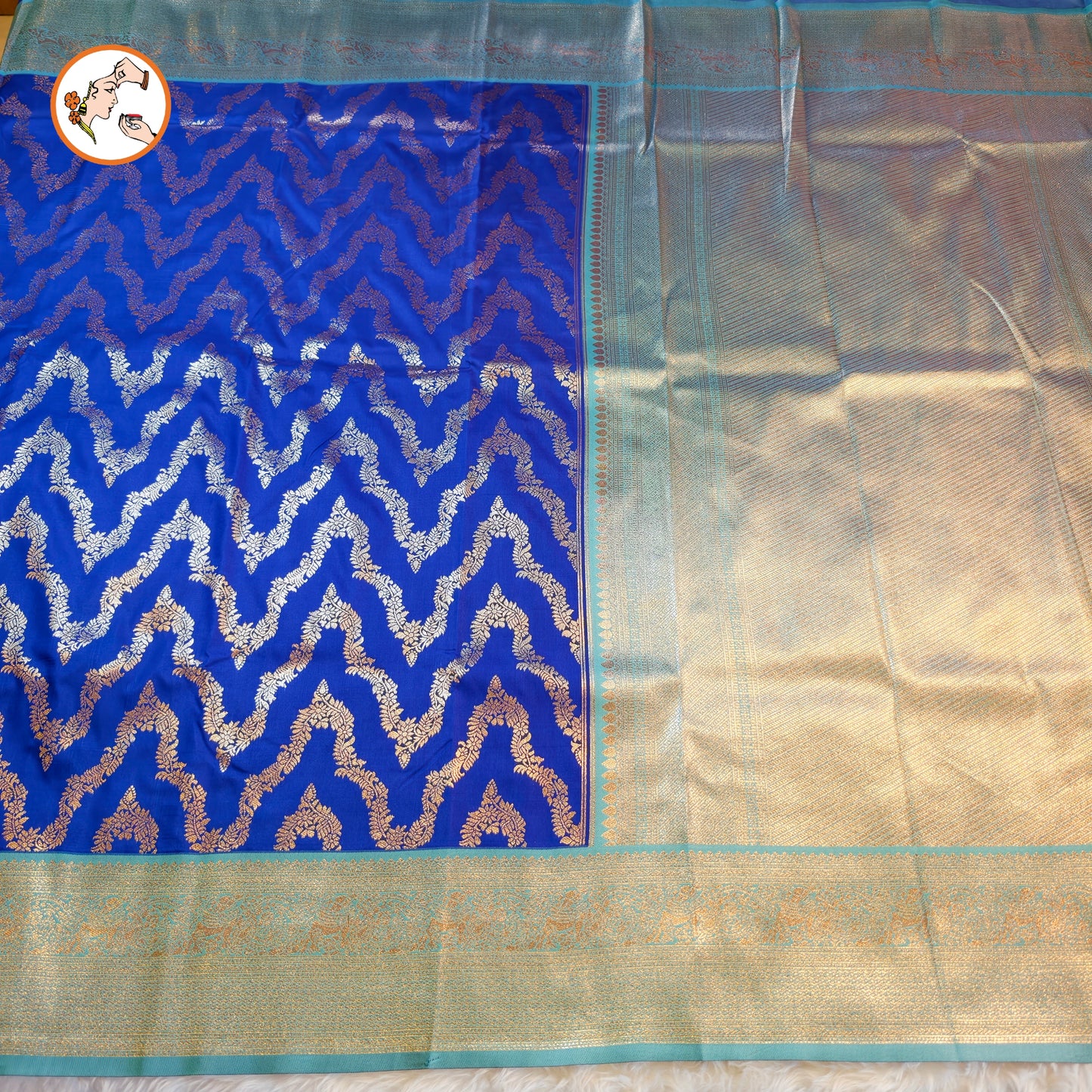 Royal Blue with Sky Blue Wave pattern Fancy Semi Silk Saree