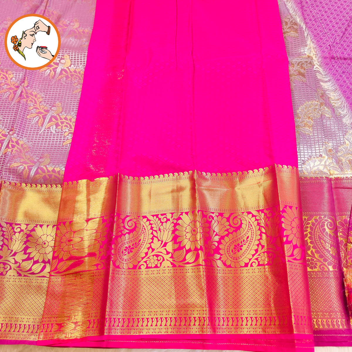 Lavender with Pink Purple border Podi Kattam Parrot butta Kanchipuram Mix Silk Saree