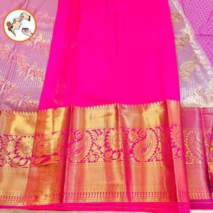 Lavender with Pink Purple border Podi Kattam Parrot butta Kanchipuram Mix Silk Saree