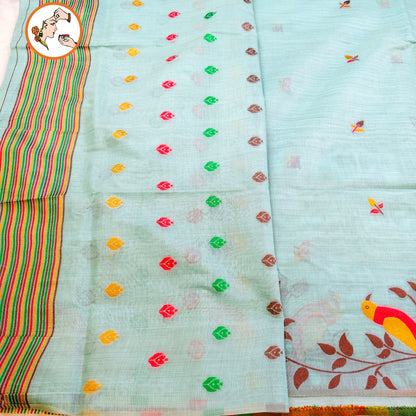 Blue sparrow theme Cotton Casual Saree