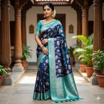 Dark Blue with Sky Blue border Jaal design Banarasi Silk Saree (Light weight)