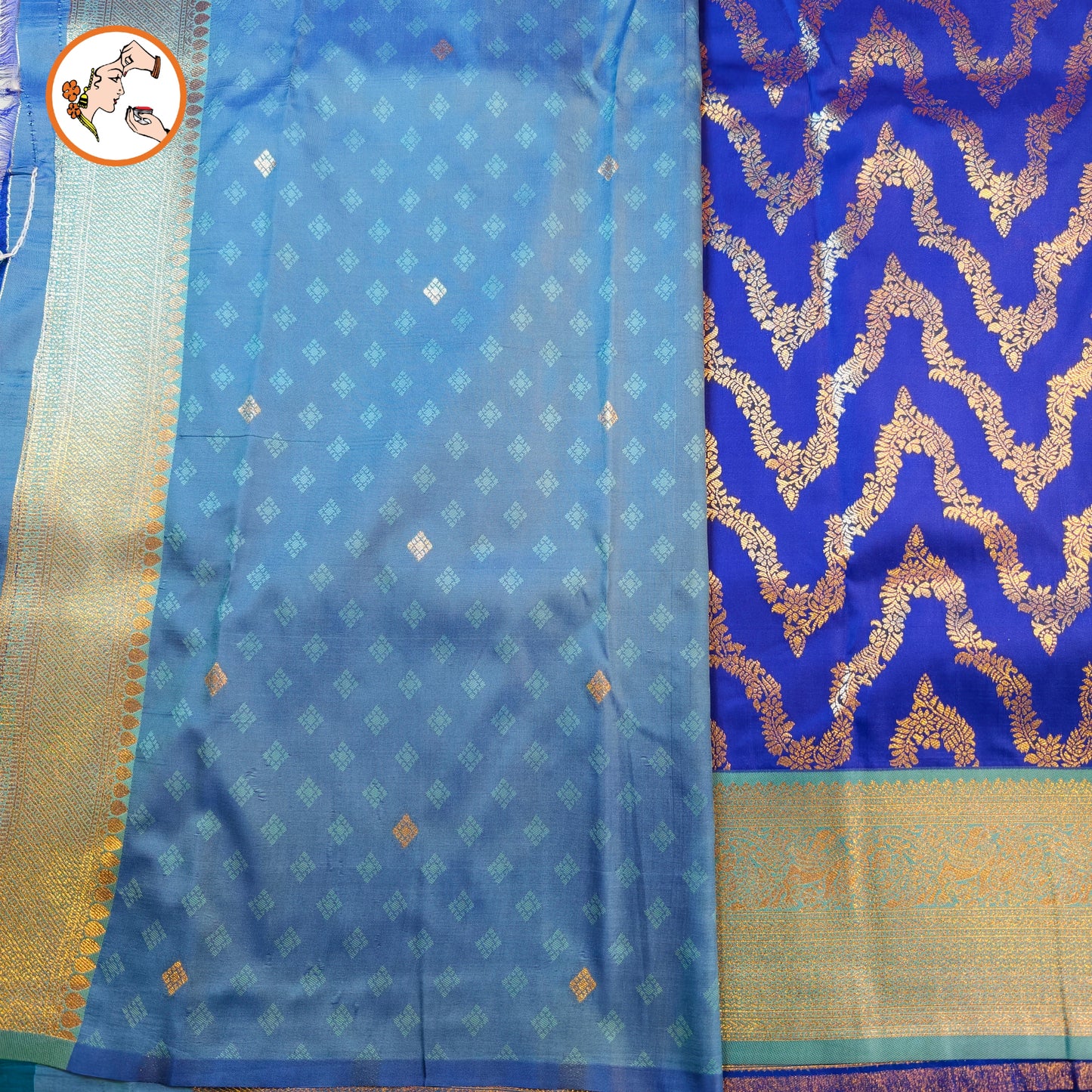 Royal Blue with Sky Blue Wave pattern Fancy Semi Silk Saree