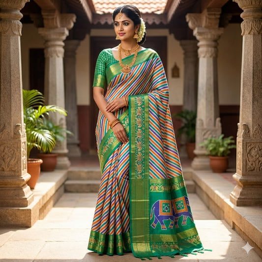 Peacock Green stripes Pochampally Silk Cotton Casual Saree