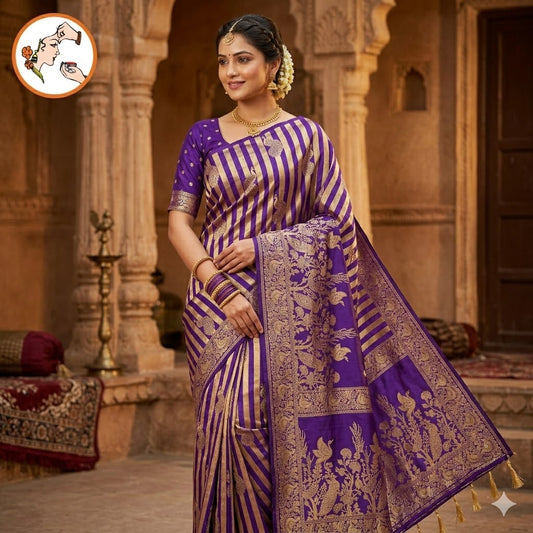 Violet borderless Golden stripes Peacock motif Fancy Silk Saree