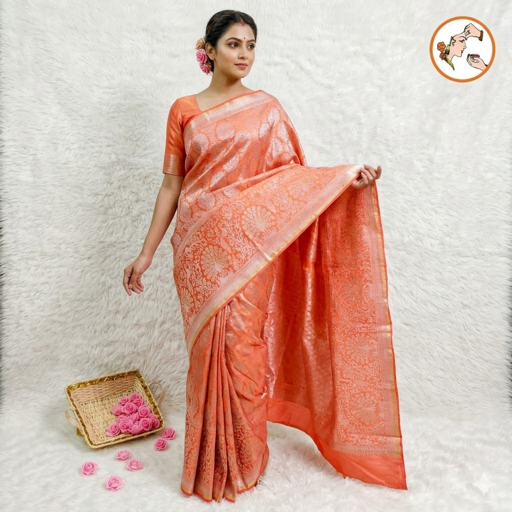 Peachy Pink Silver zari Kanchipuram Tissue Silk Saree