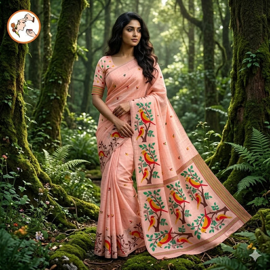 Light Pink sparrow theme Cotton Casual Saree