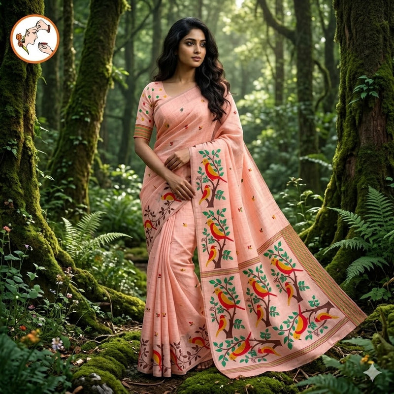 Light Pink sparrow theme Cotton Casual Saree