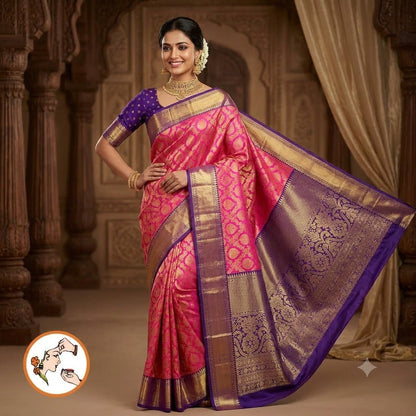 Pink with Blue border Golden zari work Traditional Kanchipuram Mix Silk Saree