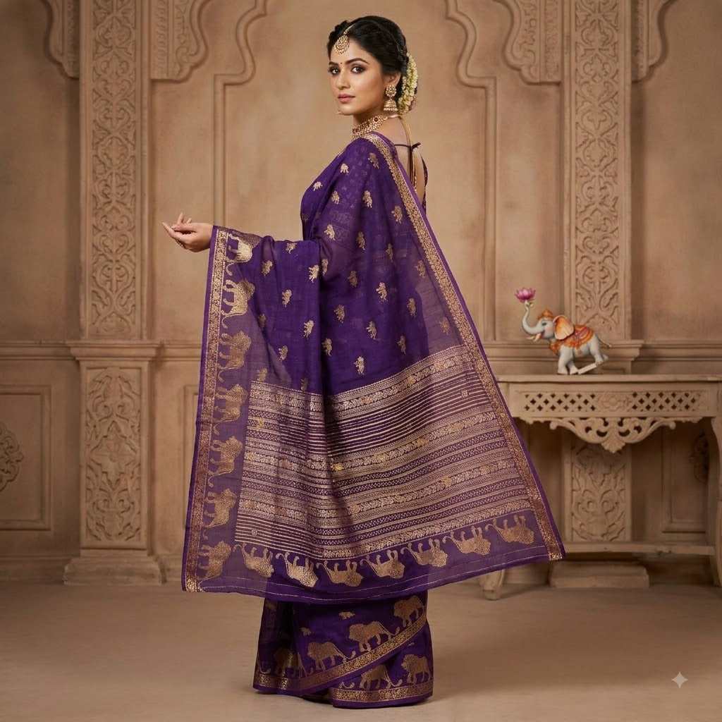 Dark Violet Lion butta Light weight Soft Fancy Georgette Silk Saree