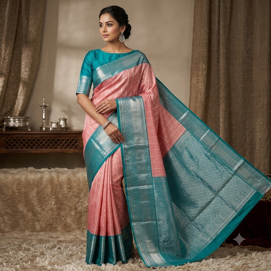 Dusty Rose/Dark Onion Pink Gold zari checked pattern(kattam) with Paisley motif & rettapetta border Kanchipuram Semi Silk Saree