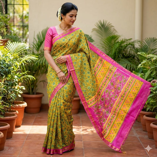 Yellow with Pink Floral Bhagal puri Cotton Casual Saree