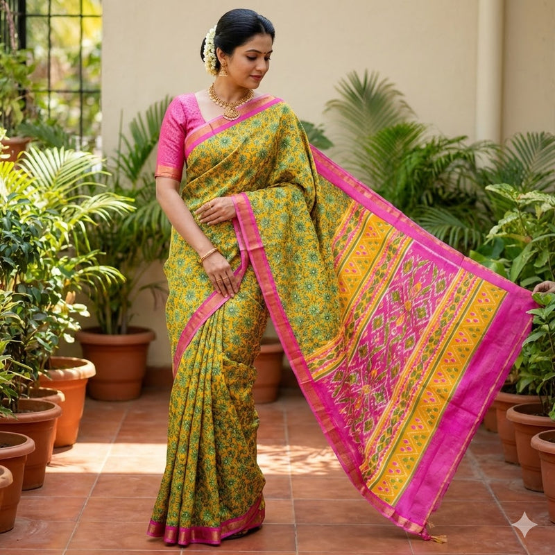 Yellow with Pink Floral Bhagal puri Cotton Casual Saree