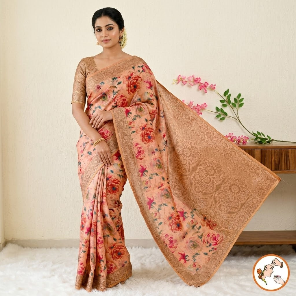 Pastel Pink Floral theme Raw Silk Desgner Saree