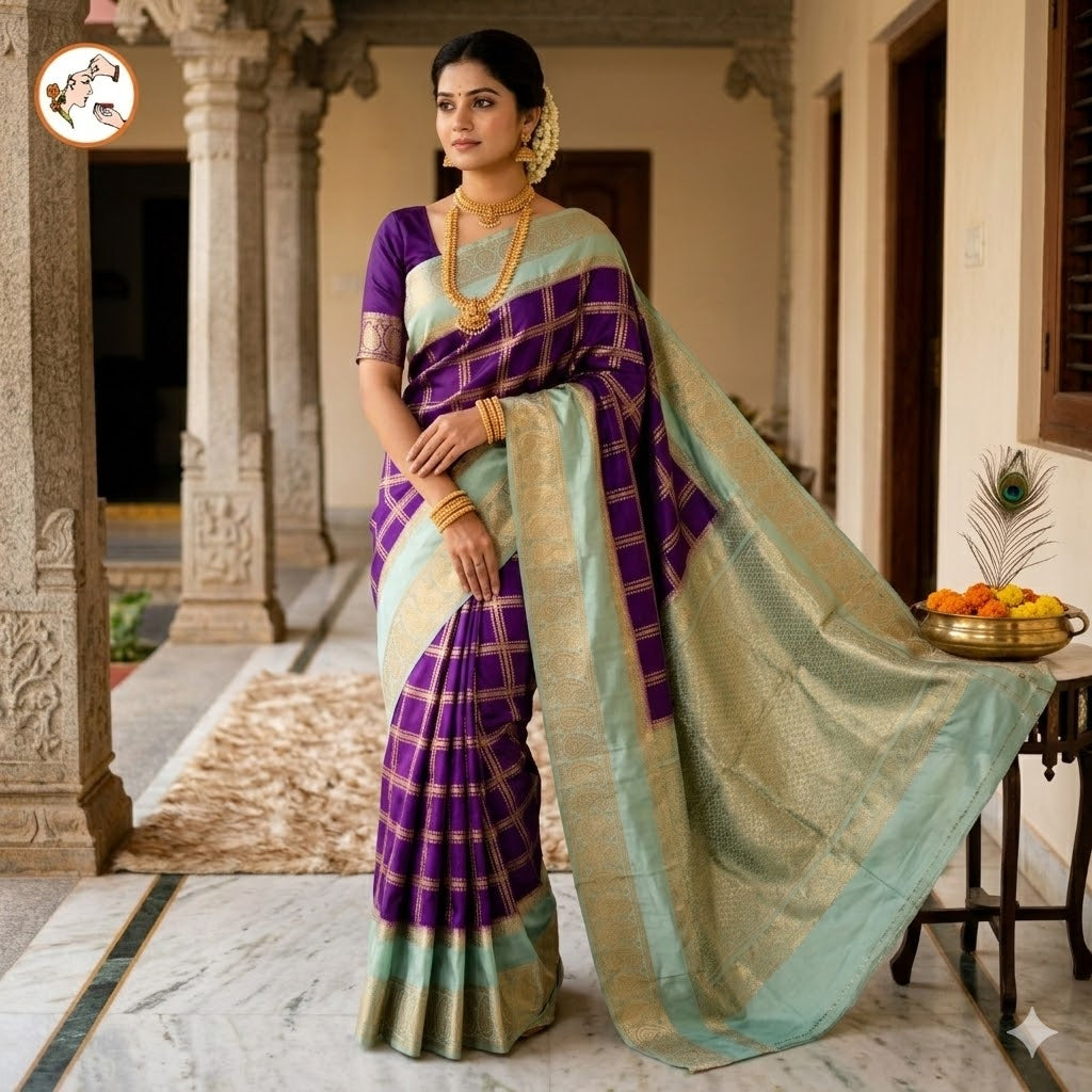 Purple with Pastal Green Royal Mango border Mysore Silk Saree