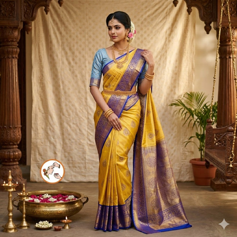 Yellow with Violet border Kanchipuram Tissue Silk Saree with horizontal Stripes