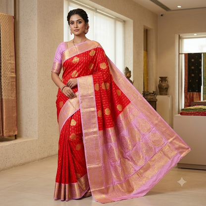 Red with Lavender border Gold Zari weaving Kanchipram Semi Silk Saree