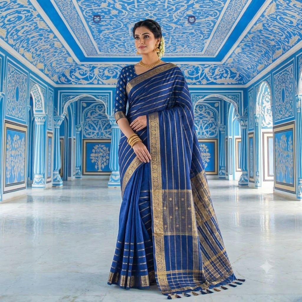 Dark Navy Blue Traditional Vairoosi Soft Viscose Fancy Silk Saree with Gold zari stripes
