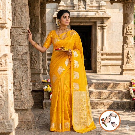Yellow classic Podi Kattam & Elephant border Viscose Soft Silk Saree