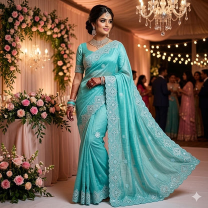 Sky Blue Cutwork border Full Silver Stonework Bridal Partywear Georgette Saree