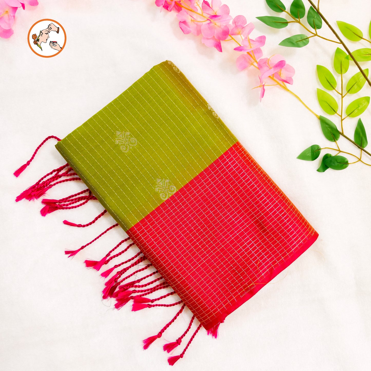 Mehendi Green with Orange Vairoosi border Soft Silk Saree