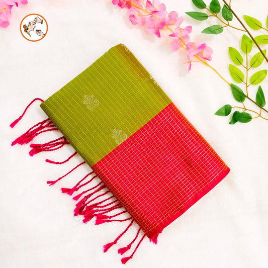 Mehendi Green with Orange Vairoosi border Soft Silk Saree