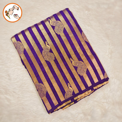 Violet borderless Golden stripes Peacock motif Fancy Silk Saree