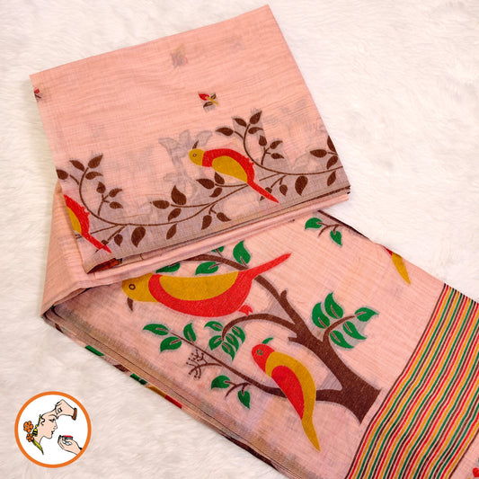 Light Pink sparrow theme Cotton Casual Saree