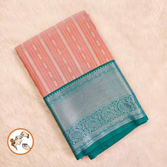 Dusty Rose/Dark Onion Pink Gold zari checked pattern(kattam) with Paisley motif & rettapetta border Kanchipuram Semi Silk Saree