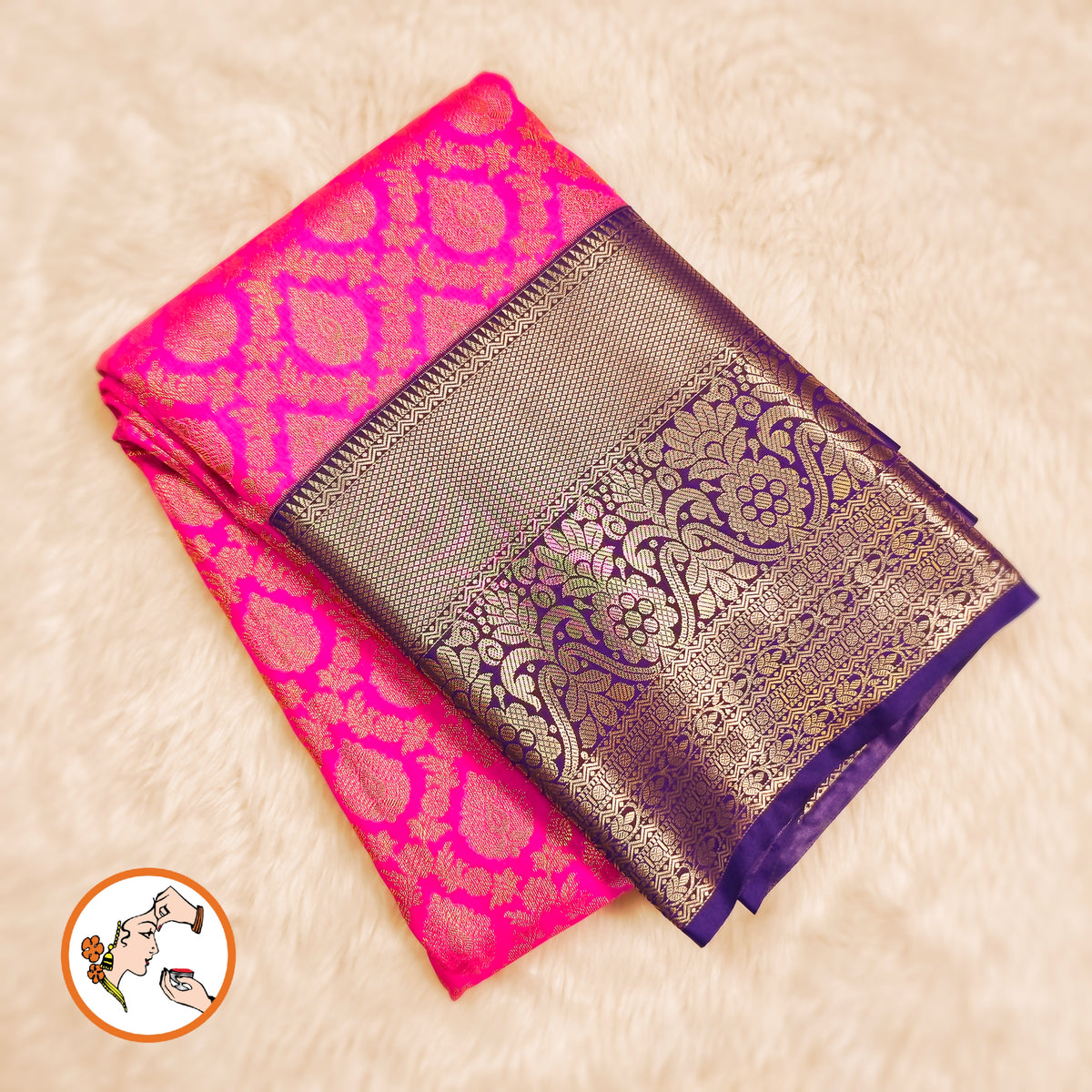 Pink with Blue border Golden zari work Traditional Kanchipuram Mix Silk Saree