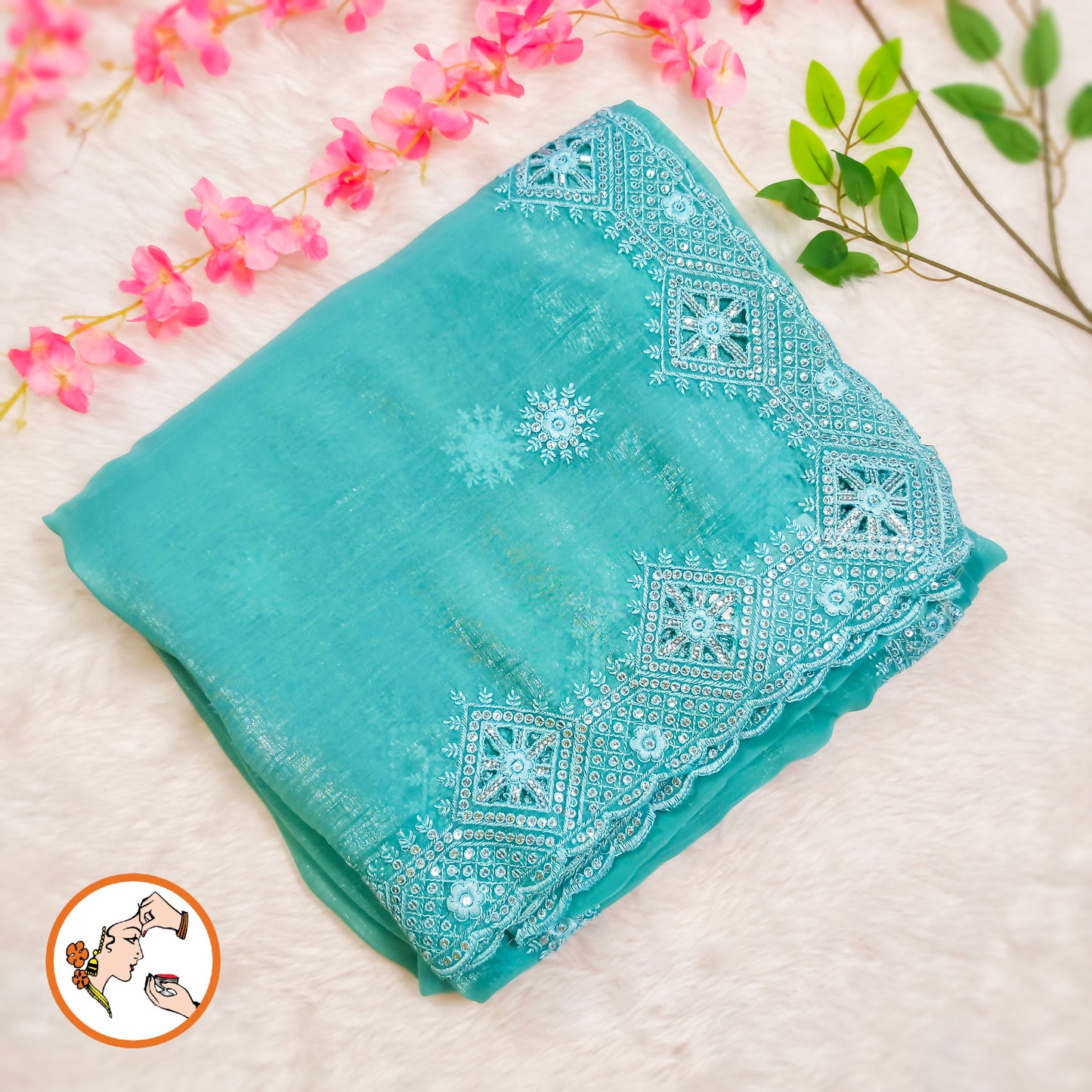 Sky Blue Cutwork border Full Silver Stonework Bridal Partywear Georgette Saree
